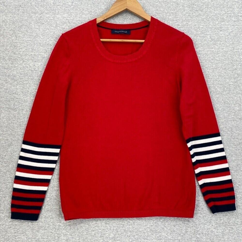 Tommy Hilfiger Sweater Womens Medium Red White Blue Striped Long Sleeve Classic